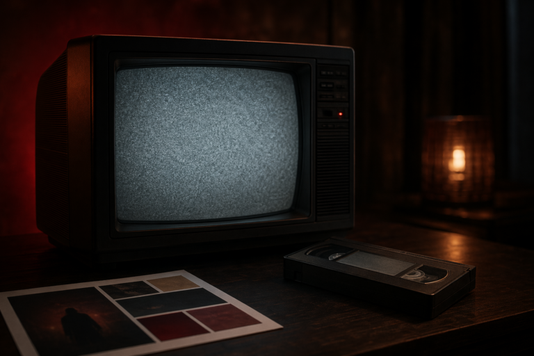 Retro CRT television and VHS cassette illustrating nostalgia marketing in horror branding