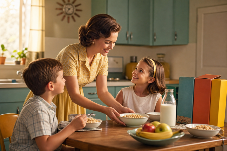 A mother serving children breakfast at a midcentury kitchen table with cereal bowls and milk, reflecting the parenting pitch in 1950s cereal ads.