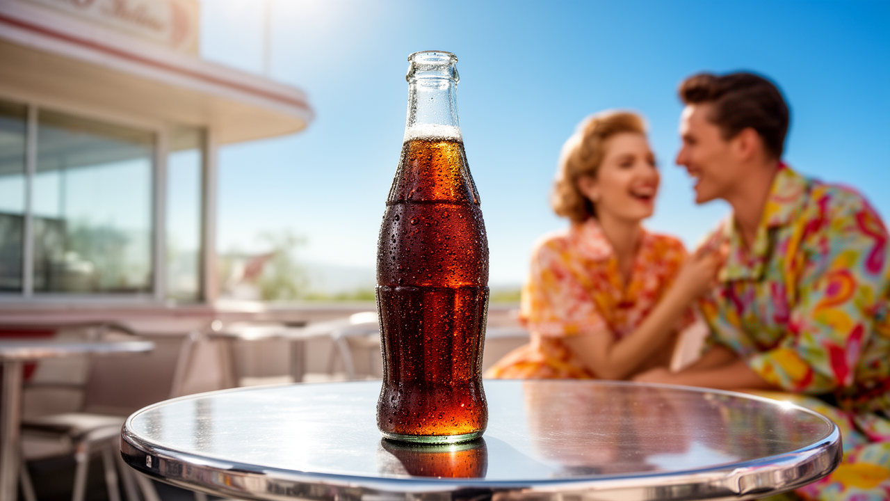 Vintage soft drink ads scene with a chilled soda bottle on a chrome diner table, a smiling couple in the background, and bright summer light