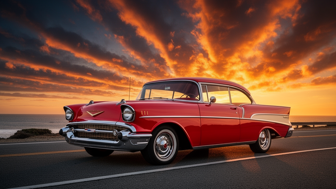 A glossy classic American car on an open highway at golden hour, showing the chrome-heavy styling often used in retro car ads.