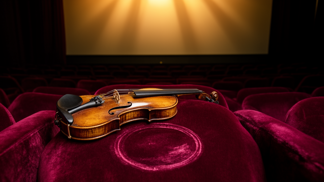 A dim cinema screen glows above a violin on a velvet seat, visually capturing movie soundtracks and memory in a cinematic setting.