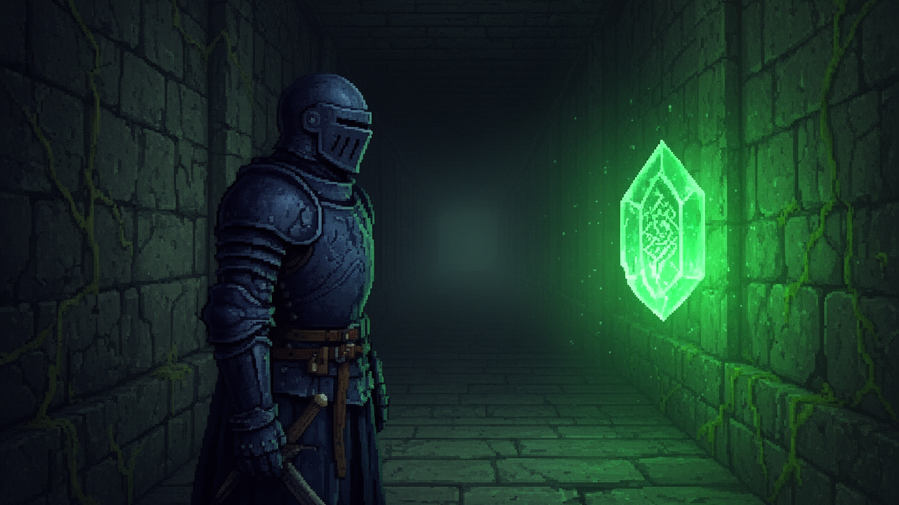 A player character in a dim retro dungeon corridor facing a glowing save crystal, illustrating save system design in retro games.