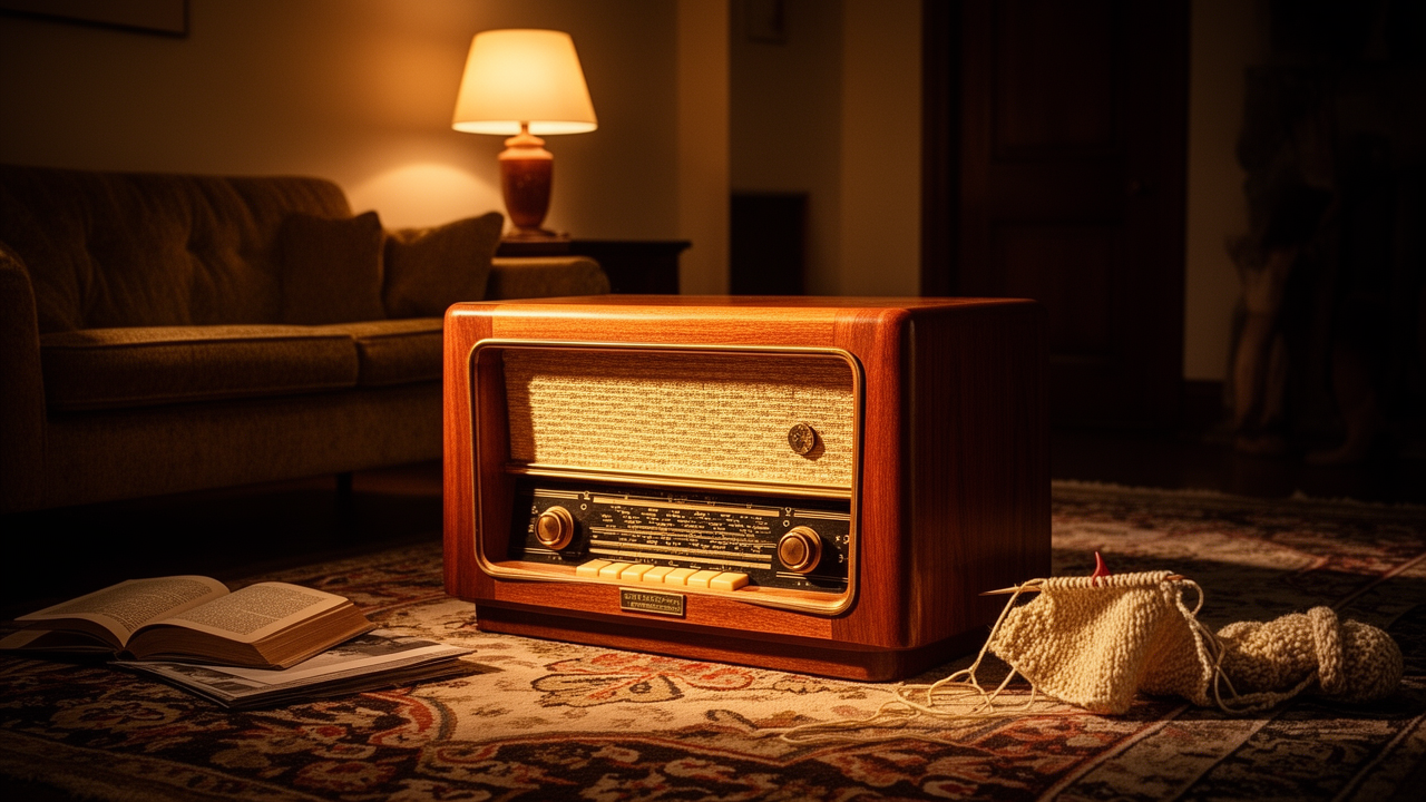 A warmly lit midcentury living room with a large wooden radio on a side table, a sofa, lamp, and patterned rug, showing retro radio ads as the centerpiece of home entertainment.