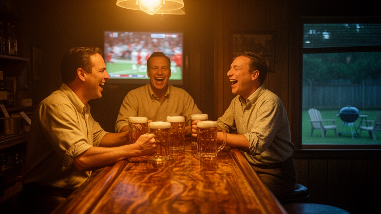 Mid-century tavern scene in retro beer ads style with three men laughing over beer mugs at a wooden bar