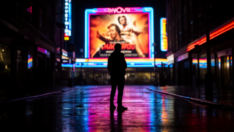 A cinematic opening scene from movies with great opening scenes showing a lone figure on a rain-slick city street lit by neon reflections.