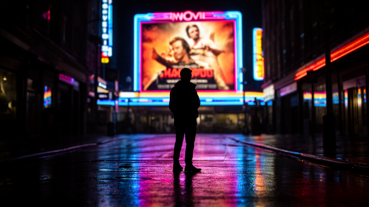 A cinematic opening scene from movies with great opening scenes showing a lone figure on a rain-slick city street lit by neon reflections.