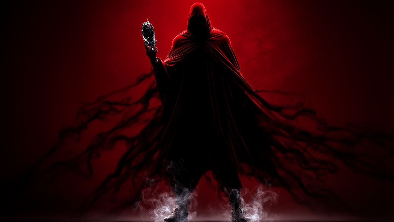 A movie villains scene with a dramatic antagonist standing alone in a dark cinematic corridor, lit from one side with a tense, iconic silhouette