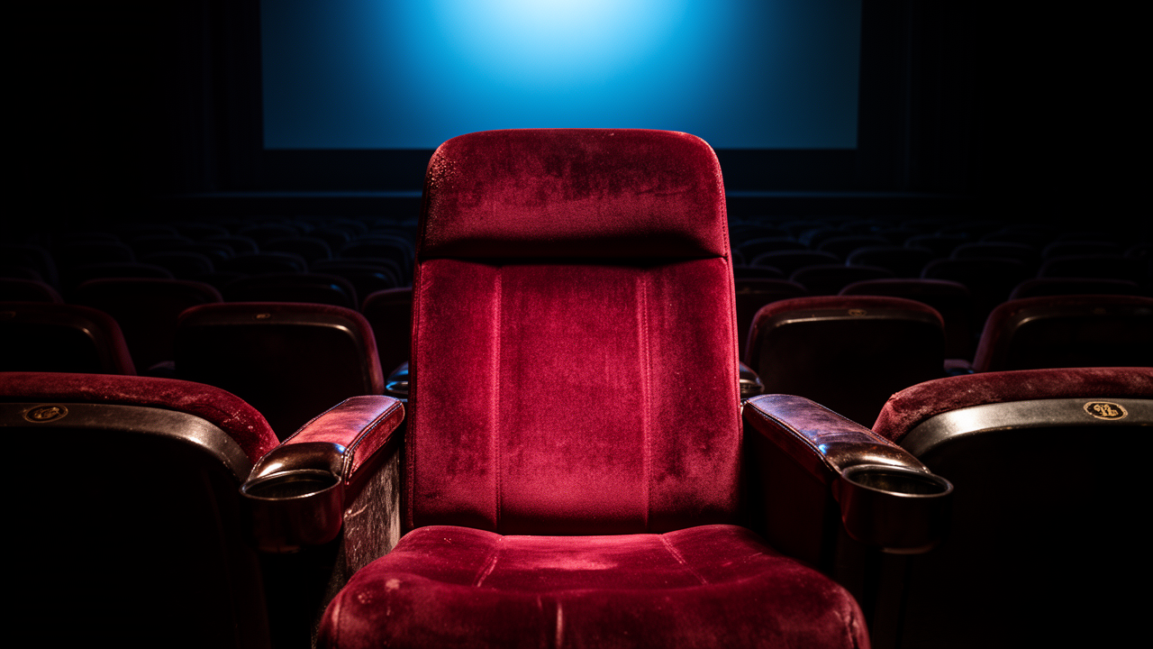 A lone theater seat in a dark auditorium facing a glowing screen, capturing the feeling behind movie endings explained