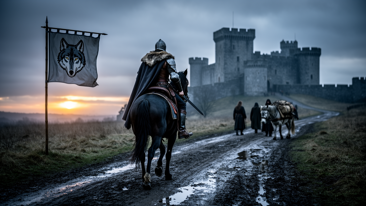 Game of Thrones S1E2 "The Kingsroad" episode guide showing a small traveling party riding along a cold medieval road toward a distant castle