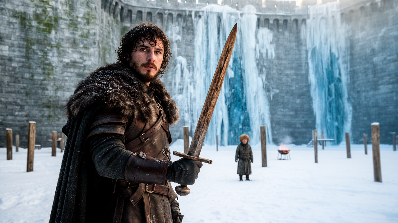 Jon Snow training at the Wall in Game of Thrones S1E3 "Lord Snow" episode guide imagery, with Tyrion watching in a snowy courtyard beside the towering ice wall.
