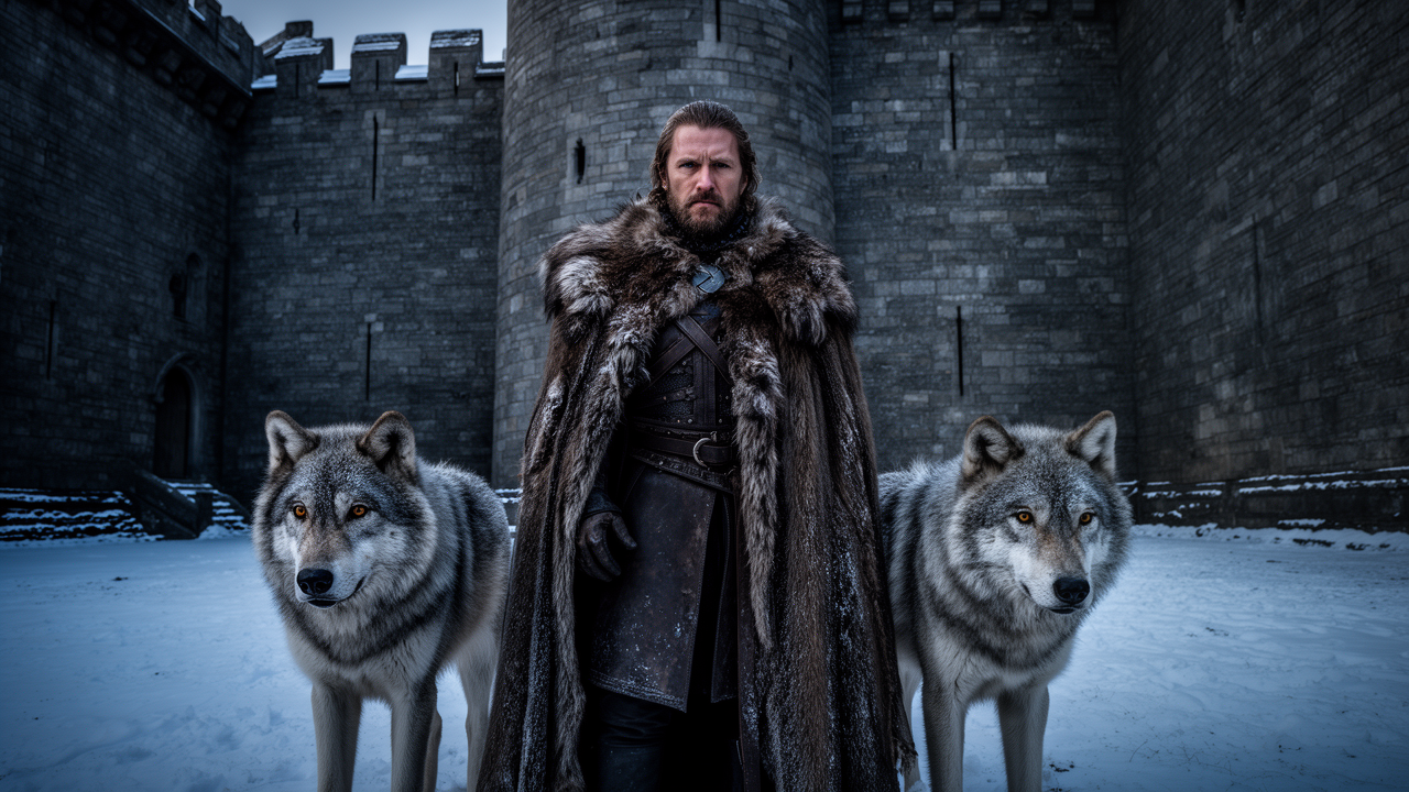 Ned Stark stands in the snowy Winterfell courtyard in the Game of Thrones S1E1 "Winter Is Coming" episode guide scene, with direwolves near him and the castle walls behind.