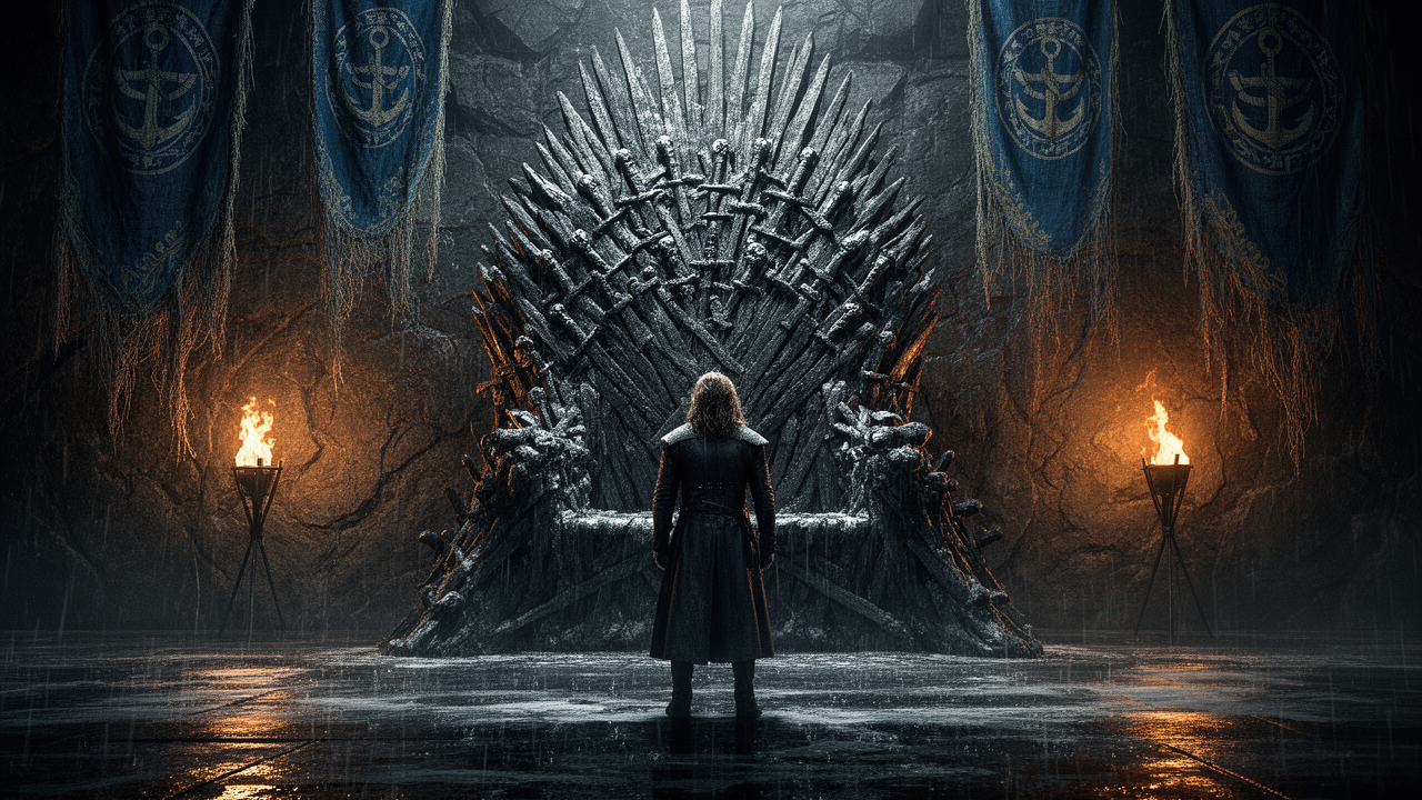 Theon Greyjoy stands in a torchlit Iron Islands hall before a rough stone throne in this Game of Thrones S2E3 "What Is Dead May Never Die" episode guide scene.