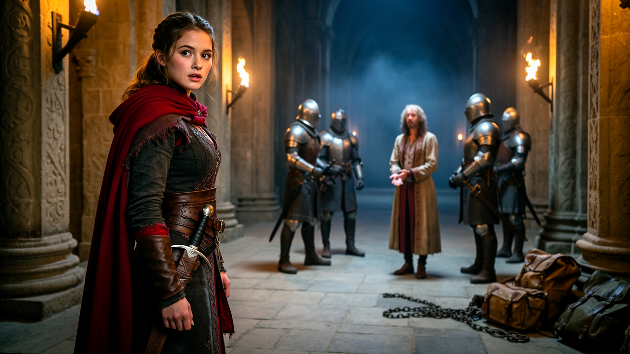 A tense Game of Thrones S1E8 "The Pointy End" episode guide scene showing a young noblewoman near torchlit guards in a castle corridor with a prisoner in the background.