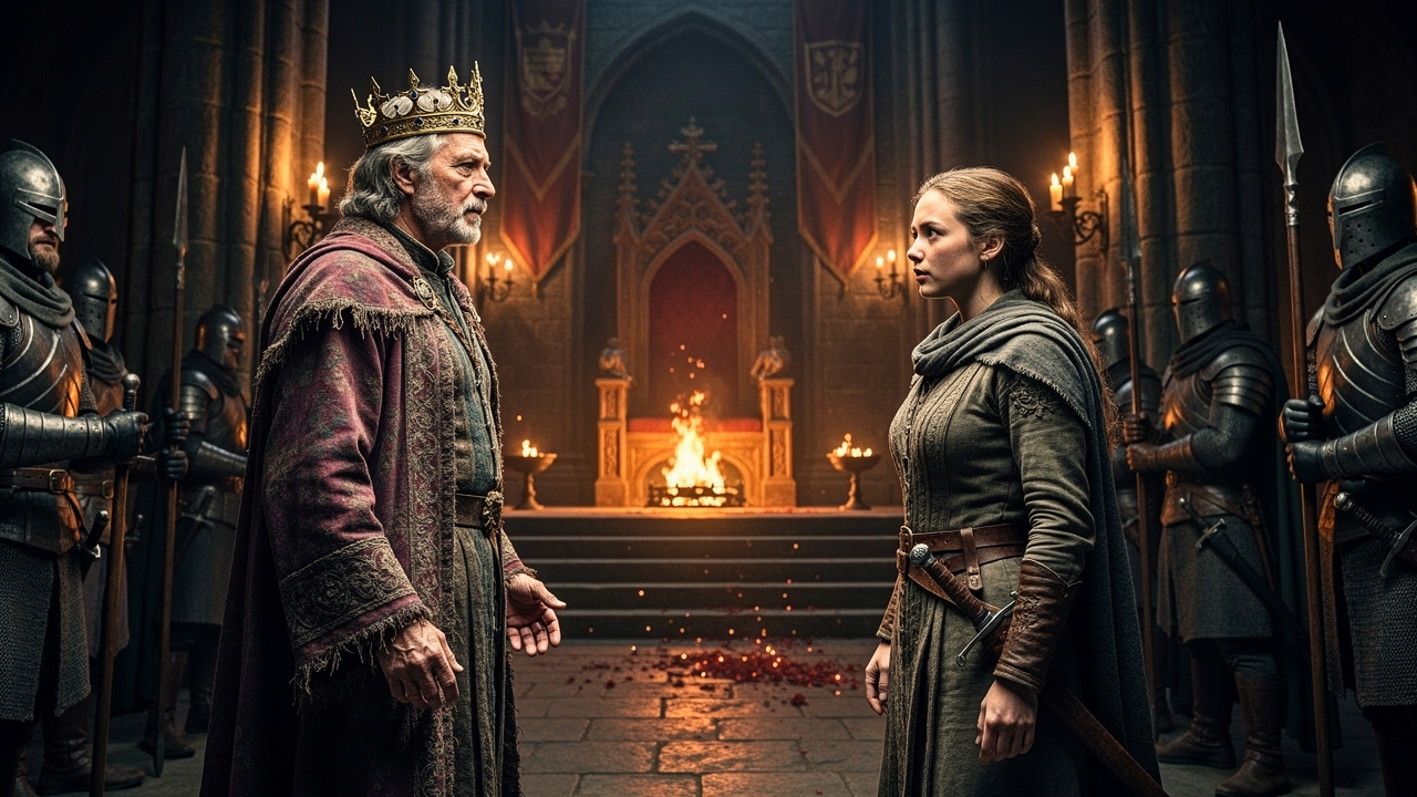A tense throne room confrontation with a crowned noble facing a young woman in a dusty medieval hall, capturing the Game of Thrones S1E6 "A Golden Crown" episode guide moment.