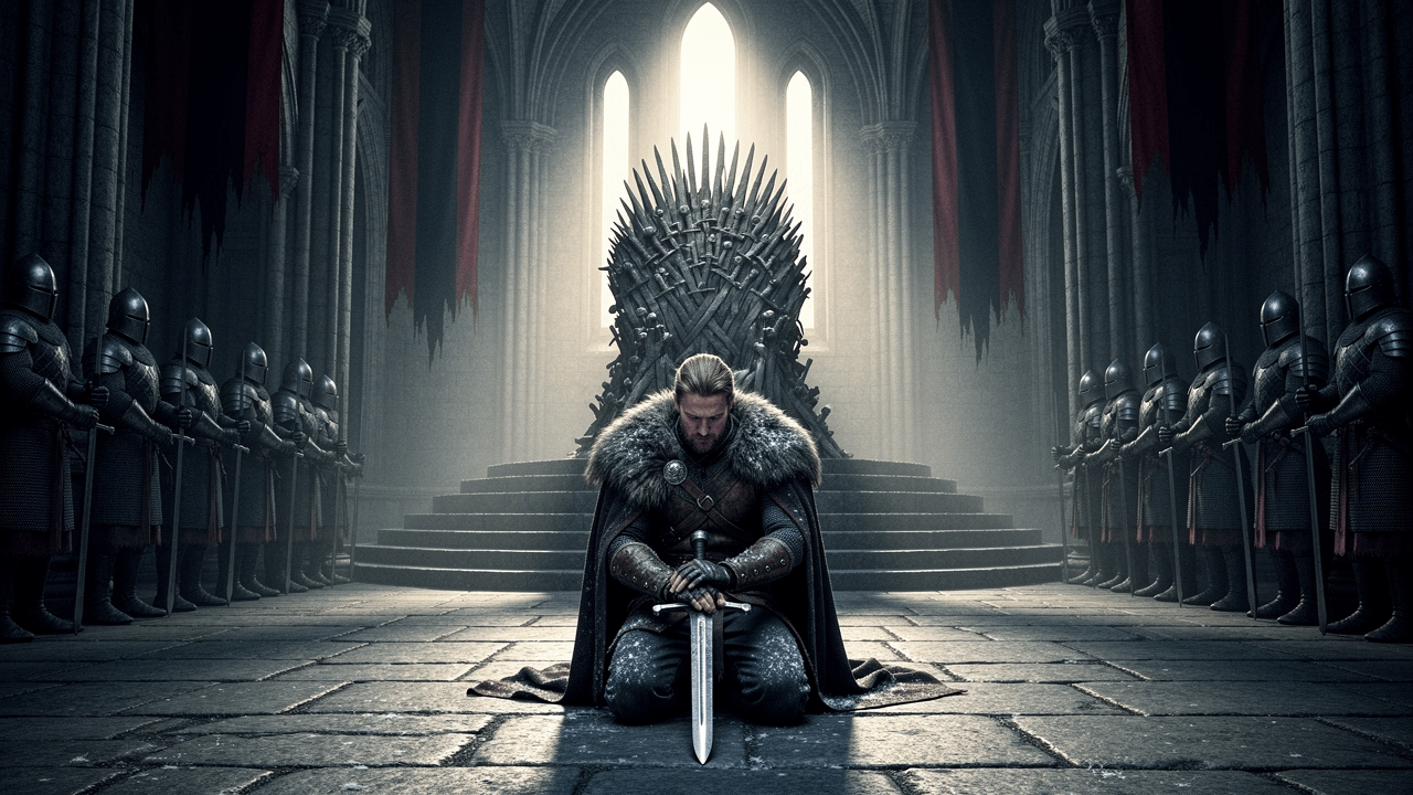 Game of Thrones S1E9 "Baelor" episode guide showing a kneeling northern lord in a tense throne room before execution