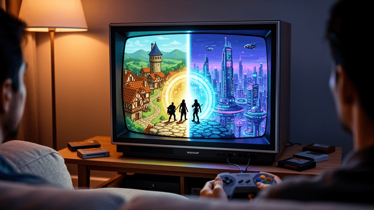 A glowing 16-bit time portal on a CRT screen with three adventurer silhouettes facing a medieval village and futuristic skyline in Chrono Trigger on Super Nintendo.