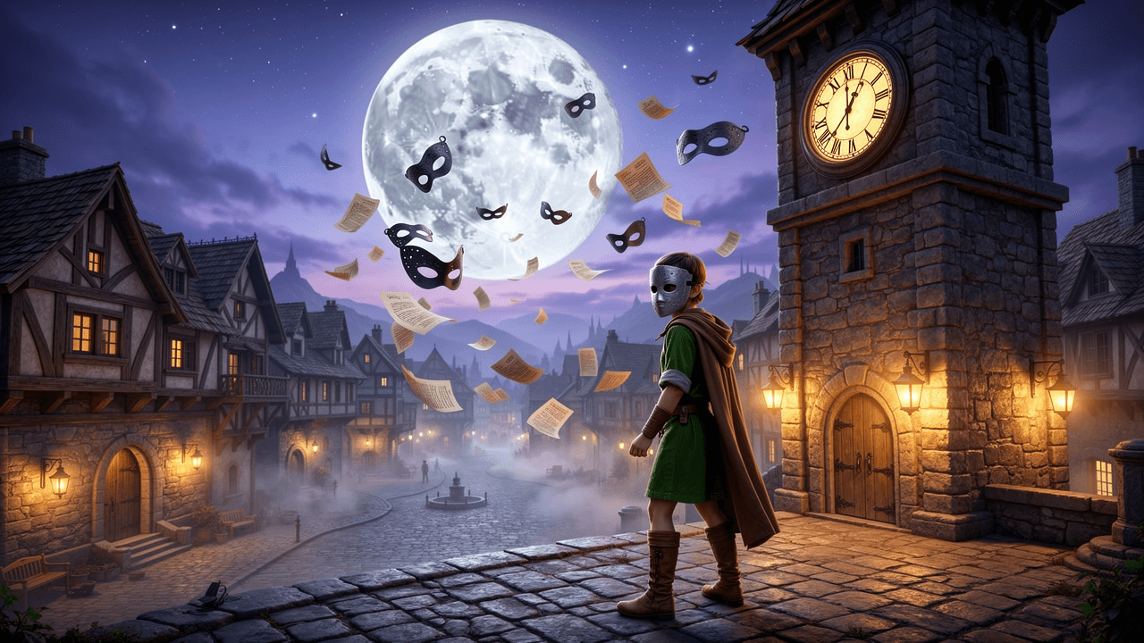 The Legend of Zelda: Majora's Mask on Nintendo 64 scene of a masked hero standing in a moonlit town square with a clock tower and lanterns, capturing the three-day loop tension