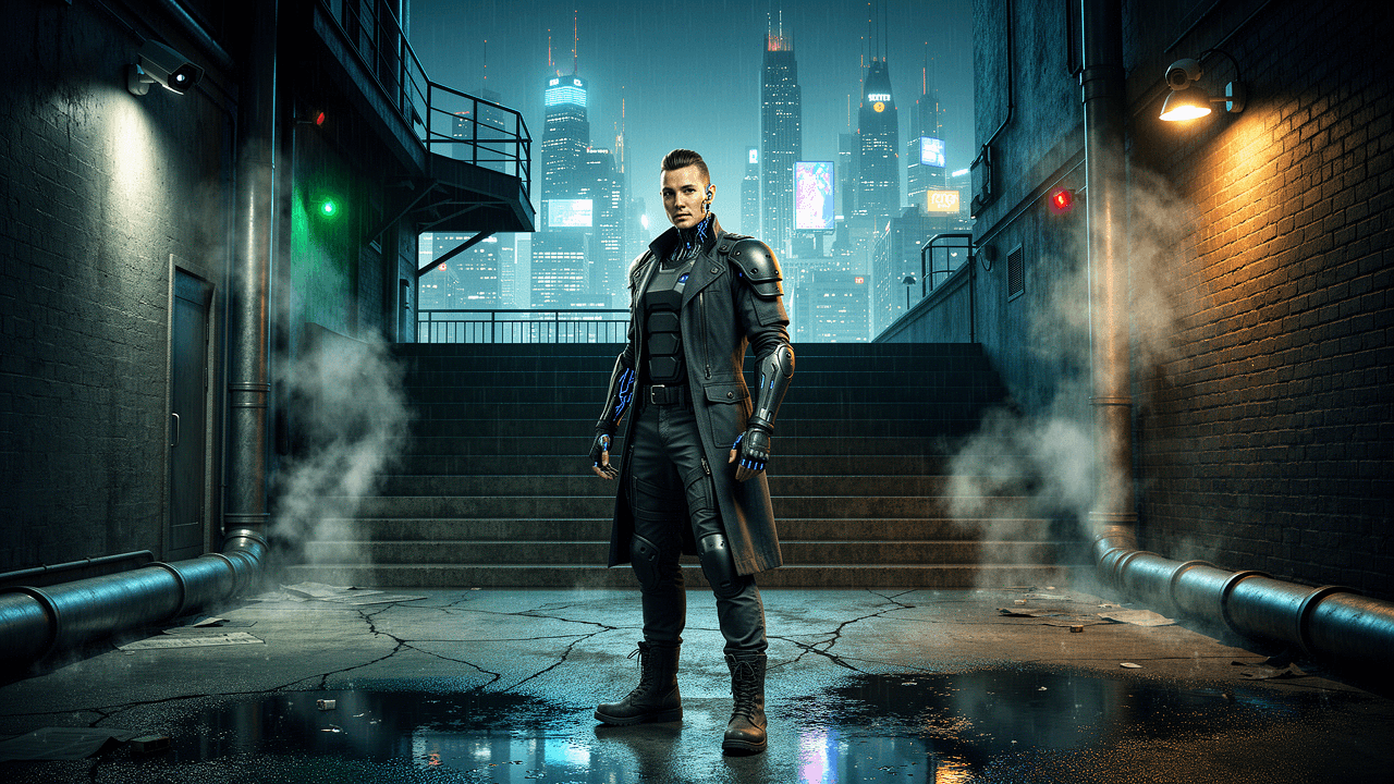 A lone operative in a rain-slicked alley beneath a glowing city skyline, evoking Deus Ex on PC and its cyberpunk atmosphere.