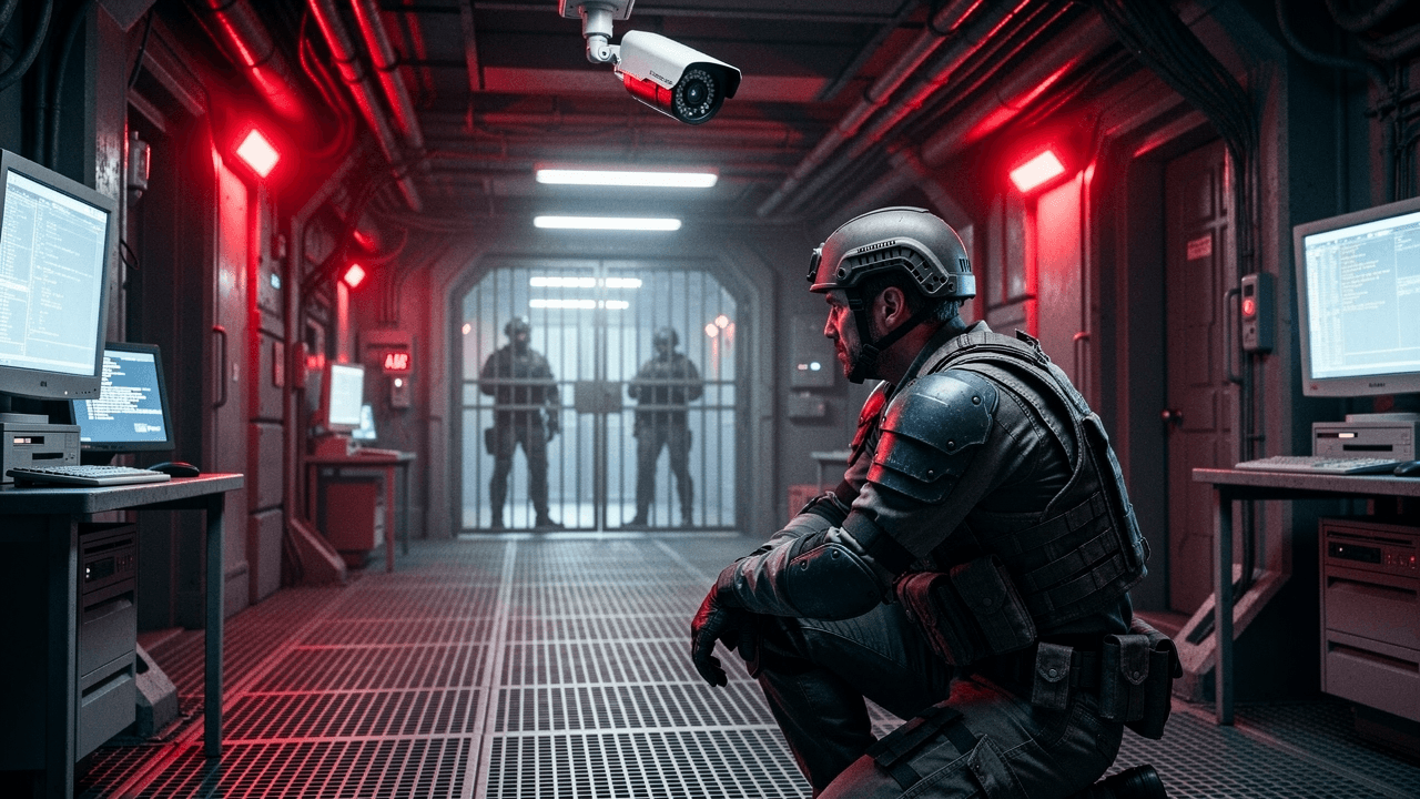 Metal Gear Solid on PlayStation scene showing a lone stealth operative crouched in a dim hallway under security lights with a camera overhead and guarded doorway ahead