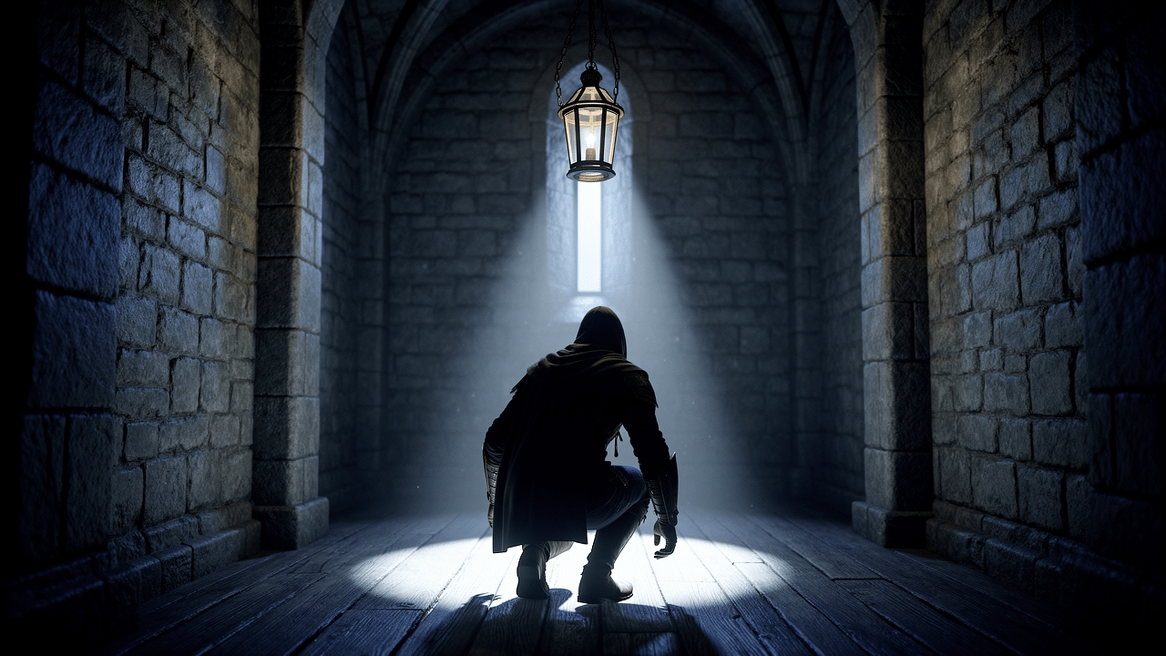 A crouched thief in a dim stone corridor with moonlight and deep shadows, illustrating Thief: The Dark Project on PC and its stealth-by-light tension.