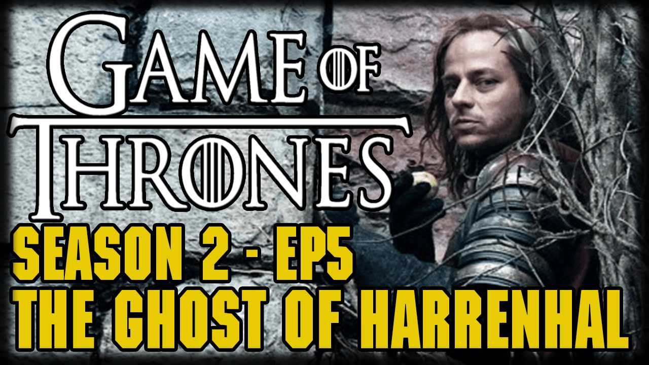 Arya Stark stands in a torchlit corridor at Harrenhal while Jaqen H'ghar watches from the shadows in this Game of Thrones S2E5 "The Ghost of Harrenhal" episode guide image.