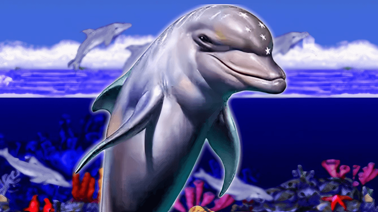 Ecco the Dolphin on Sega Genesis shown in a lonely underwater cave with a dolphin swimming through blue light and drifting bubbles.