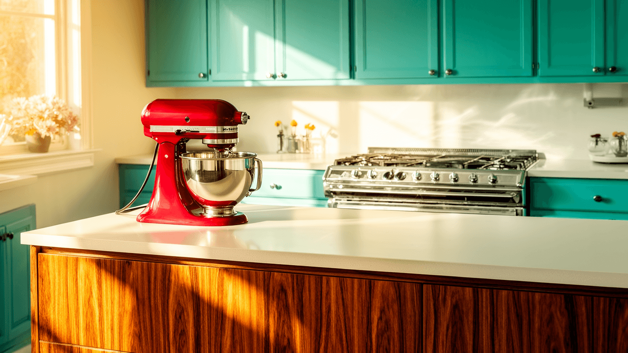 Retro kitchen ads style scene showing a bright midcentury kitchen with a sleek stove, countertop mixer, and built-in cabinets in a polished showroom setting.