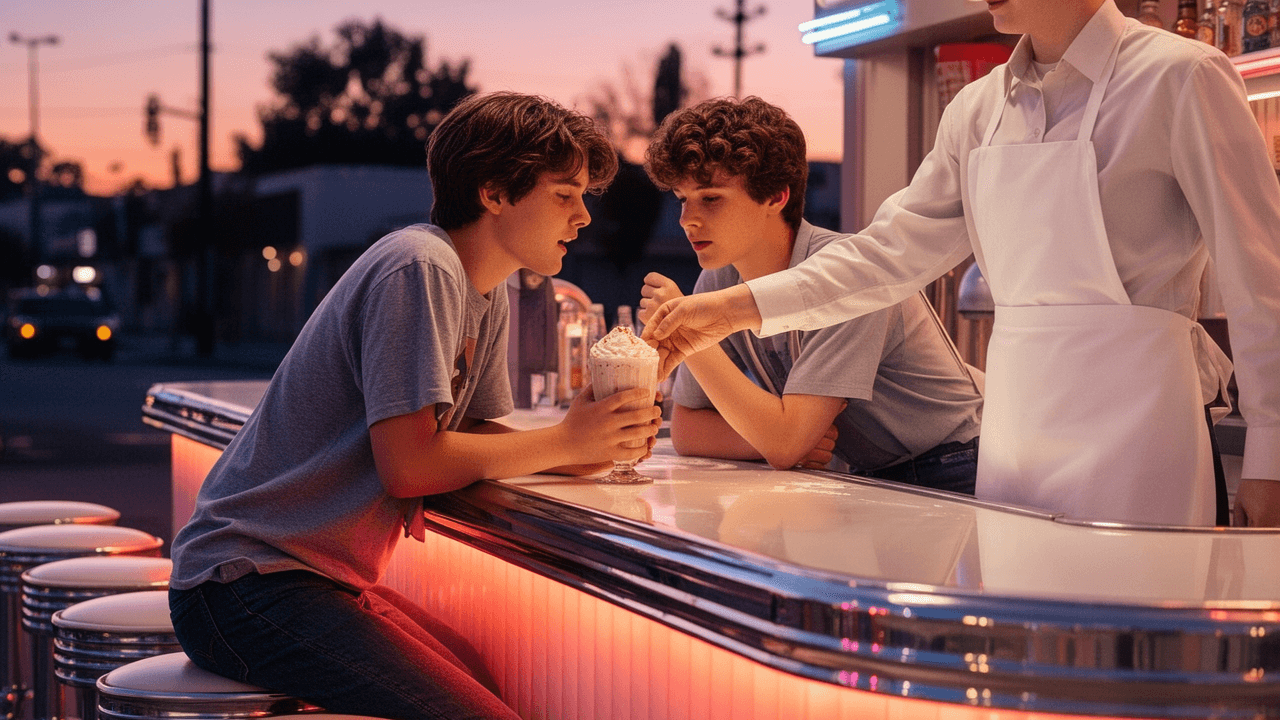 Retro soda fountain ads scene with two teenagers sharing a malt at a chrome counter in a diner-style fountain shop