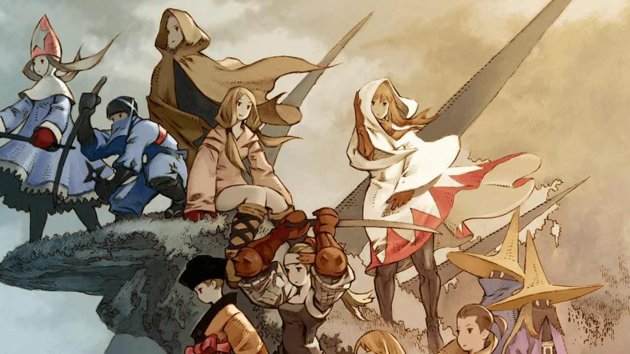 Final Fantasy Tactics on PlayStation shown as a top-down battlefield with armored units on a stone map and a commander overlooking the fight