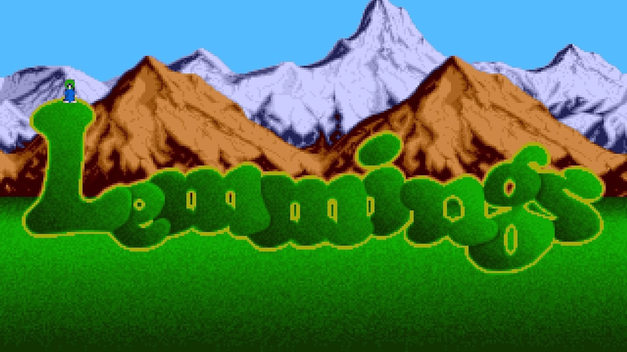 Lemmings on Amiga with tiny creatures marching toward a cliff while one digs a tunnel and another builds a path
