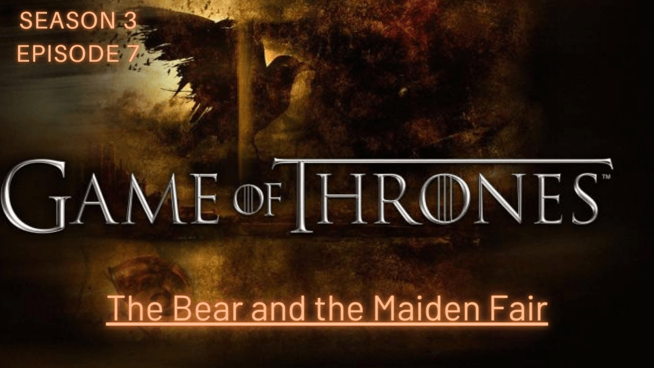 Game of Thrones S3E7 "The Bear and the Maiden Fair" episode guide image showing a lone knight facing a massive bear in a muddy arena outside a dark castle.