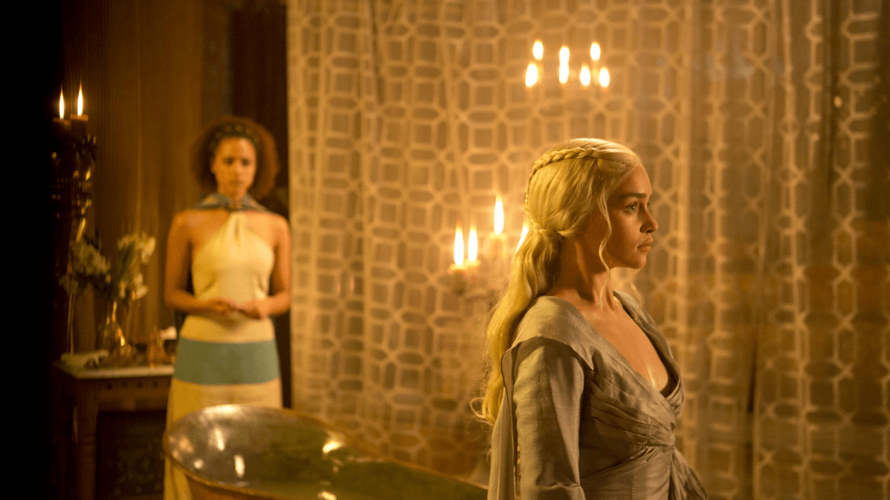 Game of Thrones S3E8 "Second Sons" episode guide with a dragon queen facing armed mercenaries in a war camp