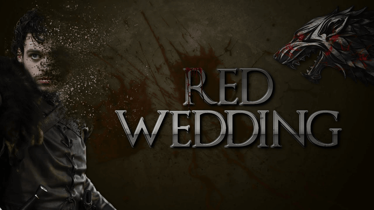A tense medieval feast hall erupts into violence during Game of Thrones S3E9 "The Rains of Castamere" episode guide, with overturned tables and stunned guests under torchlight.