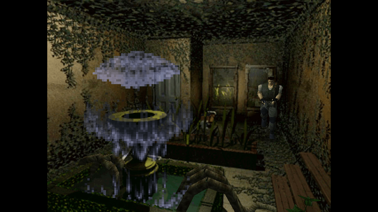 Resident Evil on PlayStation hero scene showing a lone survivor in a dark mansion corridor with a handgun, flashlight, and cramped inventory case