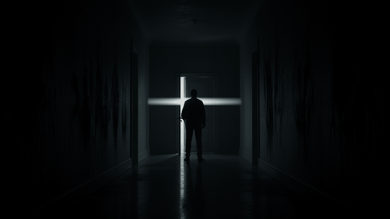 A lone figure in a dim hallway with movie suspense built around a cracked door and a thin beam of light on the floor.