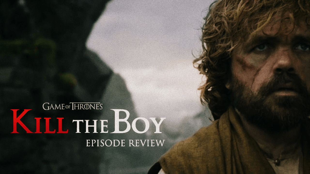 Game of Thrones S5E5 "Kill the Boy" episode guide with a young commander standing before a frozen wall beside a burning brazier.