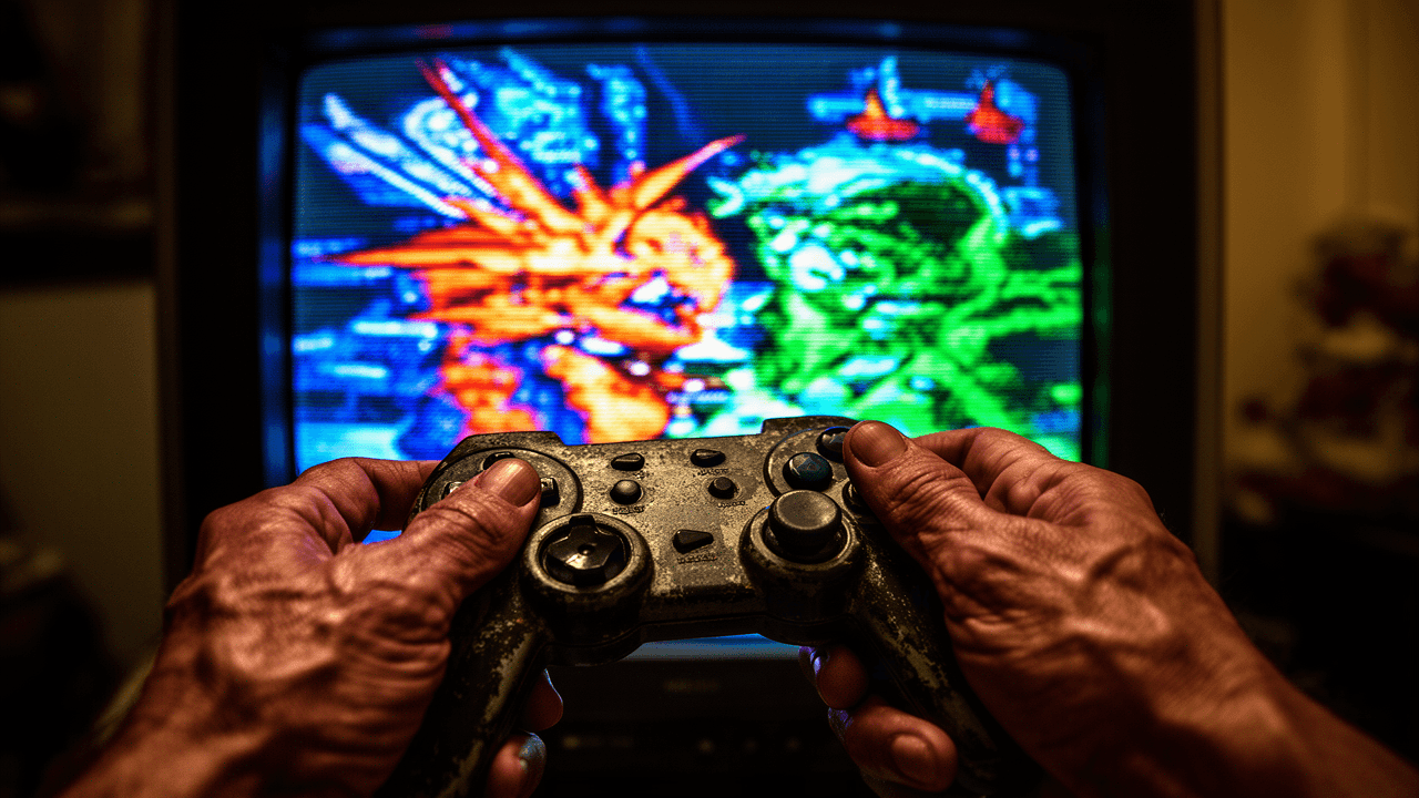 A player holds a classic game controller beside a CRT television showing a fast action scene, illustrating retro game input delay.