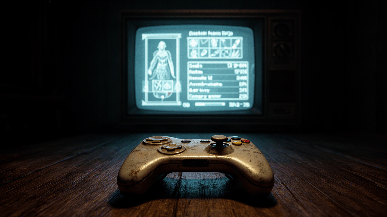 A CRT television showing retro game UI design with an inventory grid and status panels beside a controller on a dimly lit table.