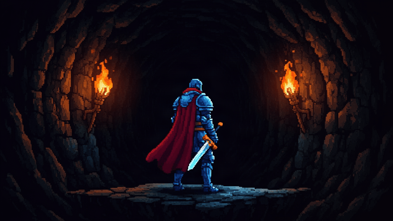 A lone adventurer in a dark corridor seen from a fixed angle, illustrating retro game camera design with limited visibility and tense framing.