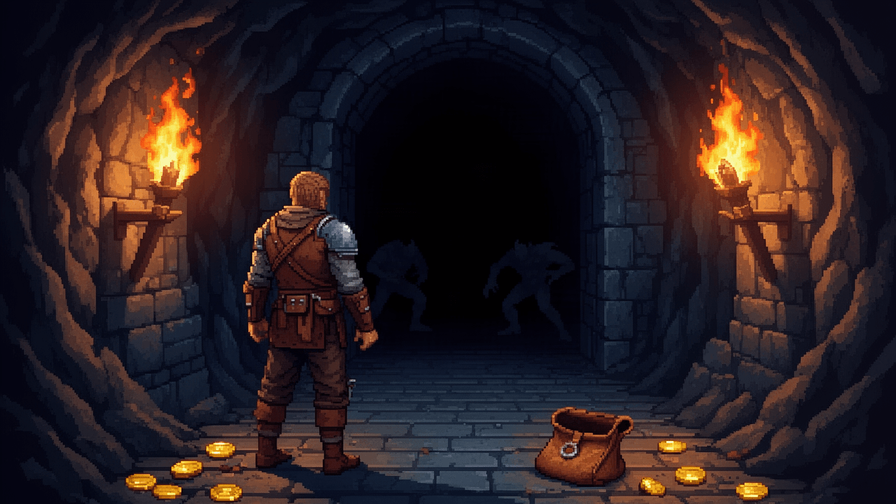 A lone 16-bit style adventurer facing a narrow dungeon corridor with enemies ahead and scarce items nearby, illustrating retro game difficulty curves through room layout and resource pressure.