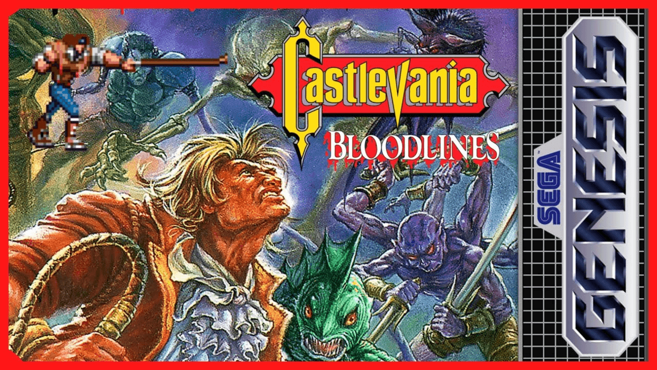 Castlevania: Bloodlines on Sega Genesis shown as a gothic warrior on a castle walkway under torchlight with bats overhead