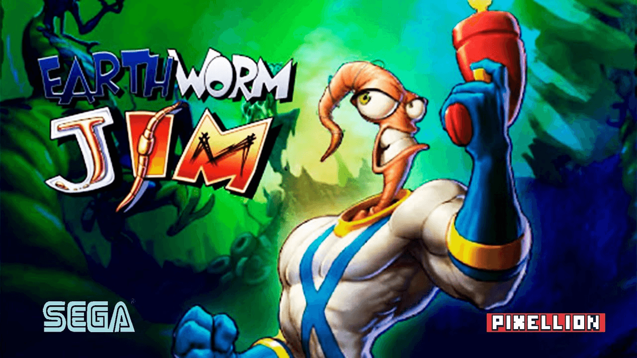Earthworm Jim on Sega Genesis showing a cartoon worm hero in a suit leaping across a dangerous platforming stage with mechanical hazards and colorful enemies.
