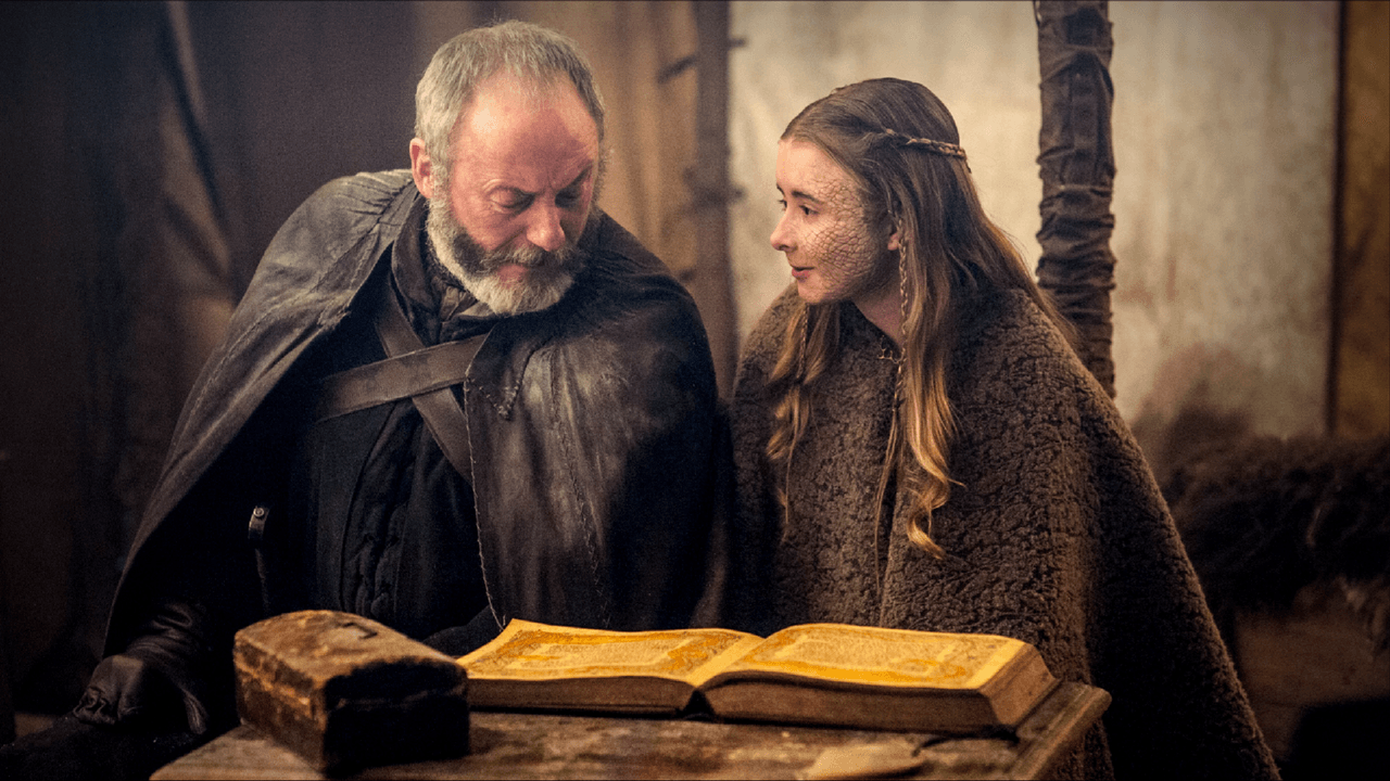 Game of Thrones S5E9 "The Dance of Dragons" episode guide featuring a queen standing in a crowded arena as a dragon descends and people panic around her