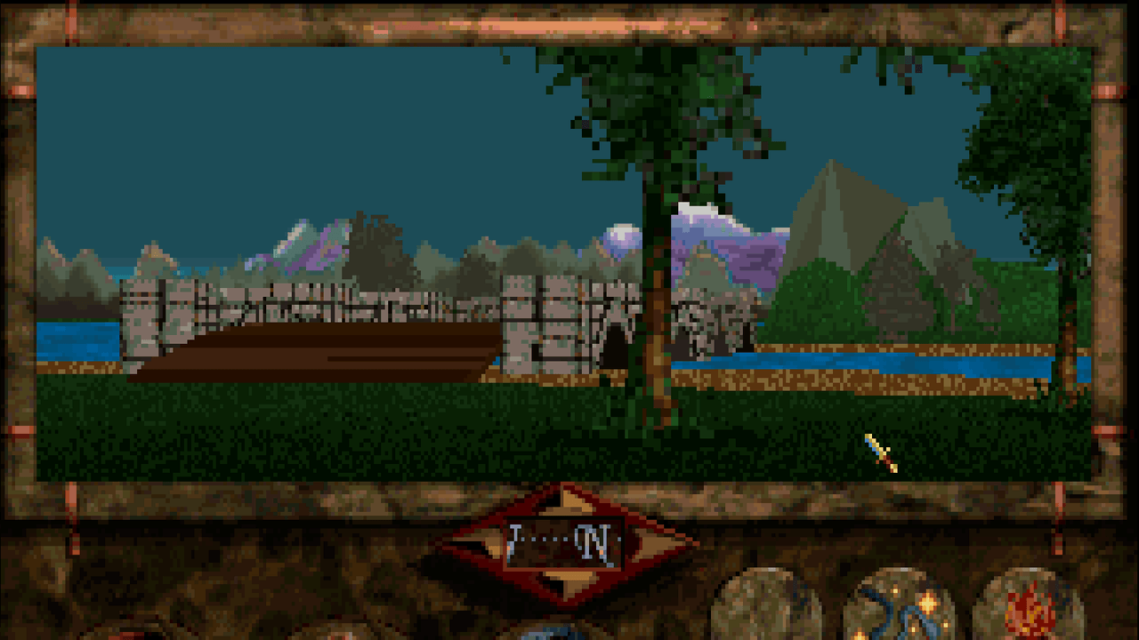Betrayal at Krondor on PC with two characters paused on a rainy medieval road near a stone marker and distant town