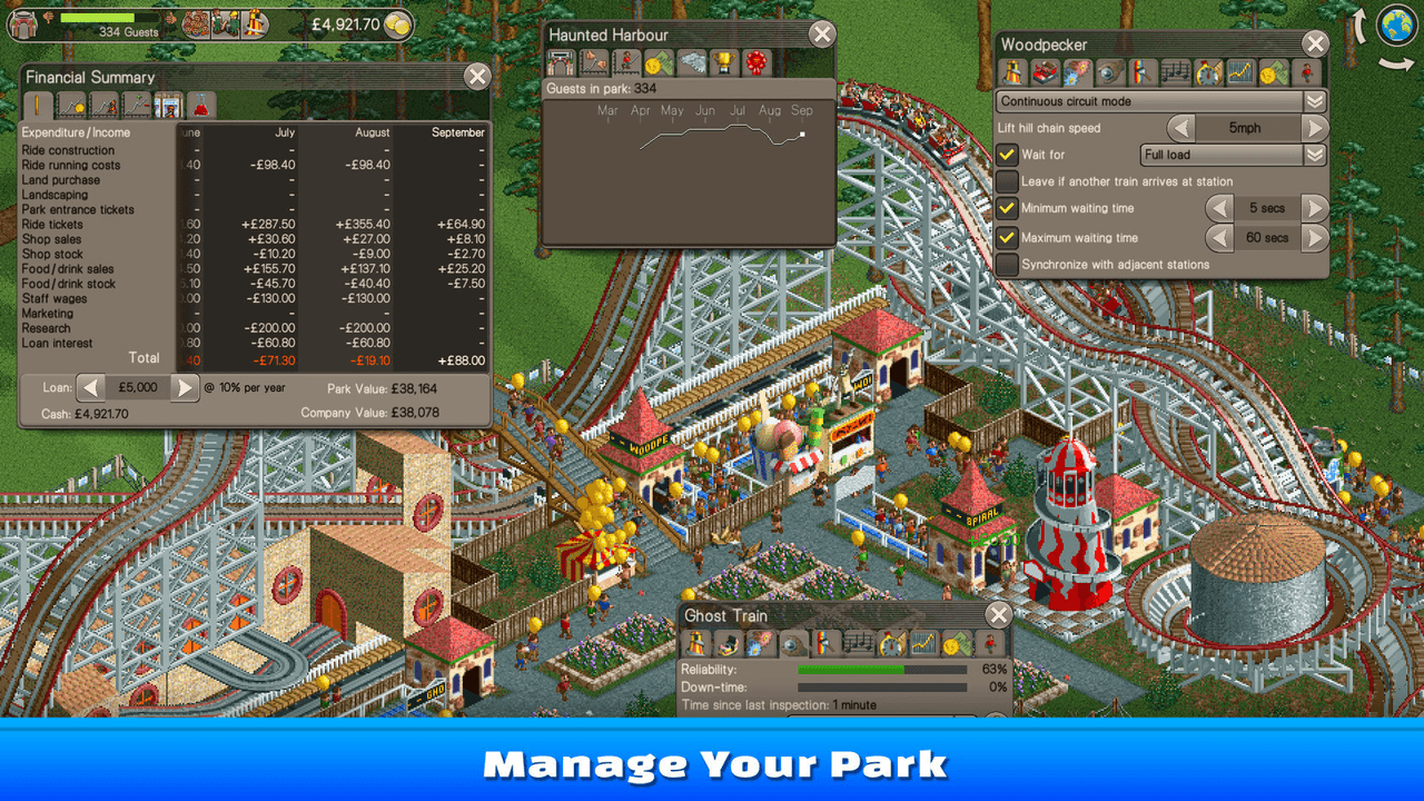 RollerCoaster Tycoon on PC scene showing a crowded theme park with a twisting roller coaster, winding paths, tiny guests, and staff inspecting the park.