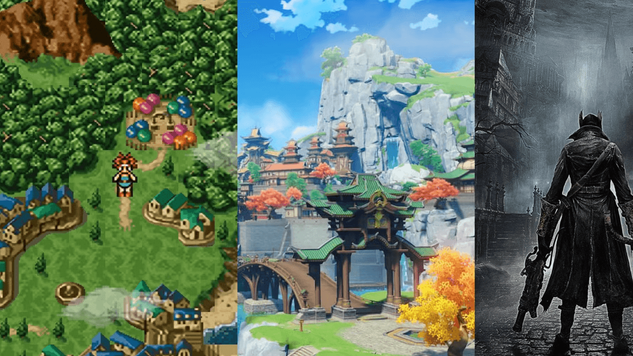 A lone traveler overlooks a ruined citadel in a scene from fantasy video games with unforgettable settings, with torchlit towers and broken bridges fading into distant mountains.