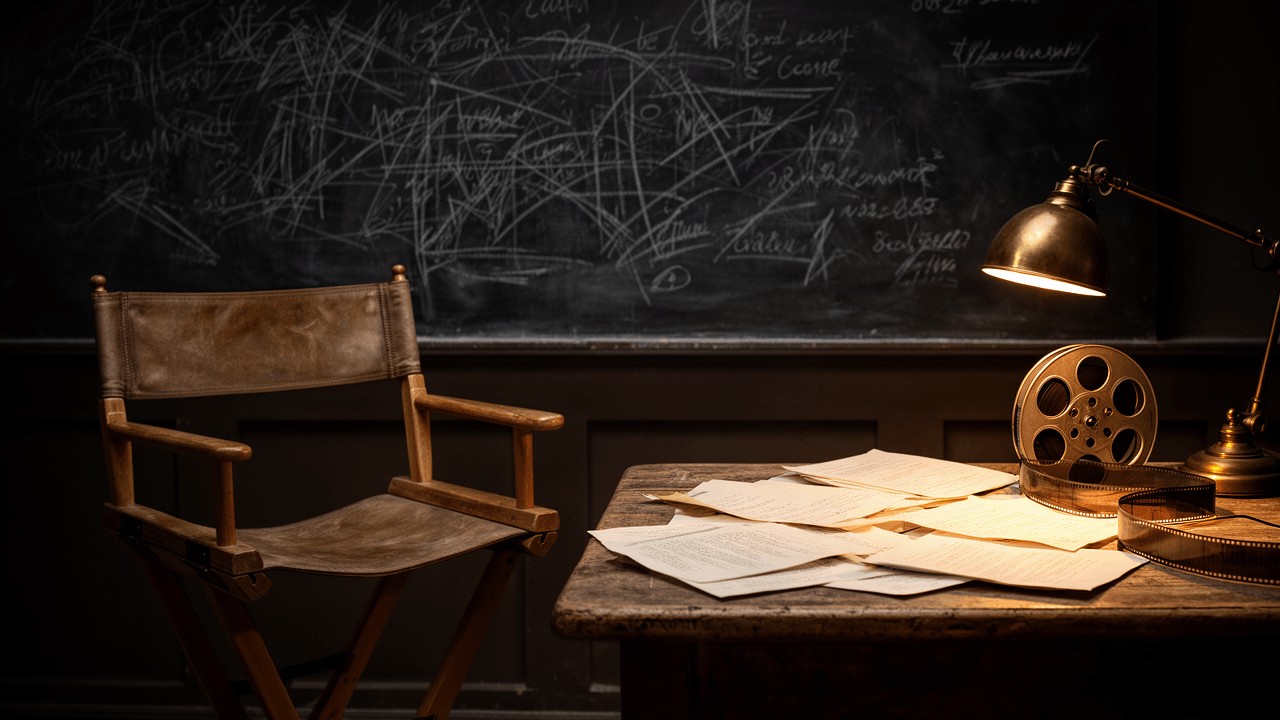 A dim film production office with scattered script pages, a film reel, and an empty director’s chair symbolizing unreleased movie projects that never reached the screen.
