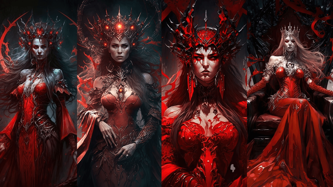 A fantasy queen and rulers gathered in a torchlit throne room, with a queen seated on a stone throne and advisers standing beneath banners.
